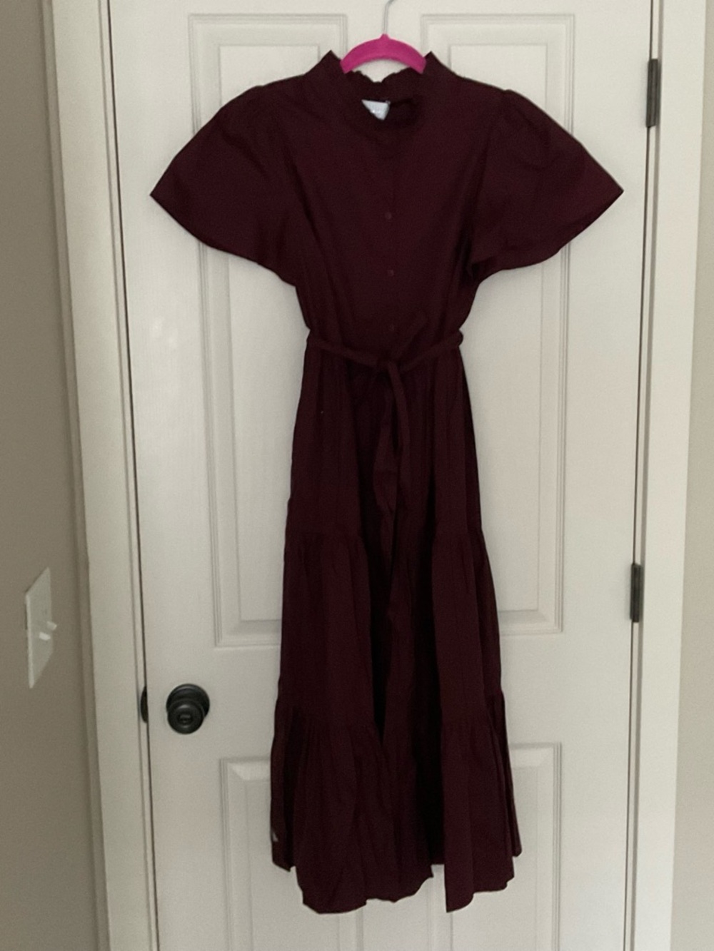 Sugarlips Burgundy Tiered Maxi Dress with Belted Waist